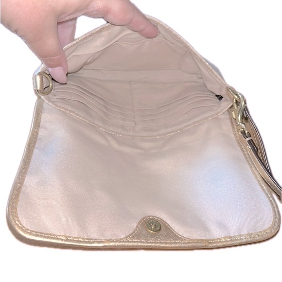 COACH Penelope Gold Metallic & Tan Linen, Gold Leather Clutch/Wristlet Small Bag - Picture 6 of 11